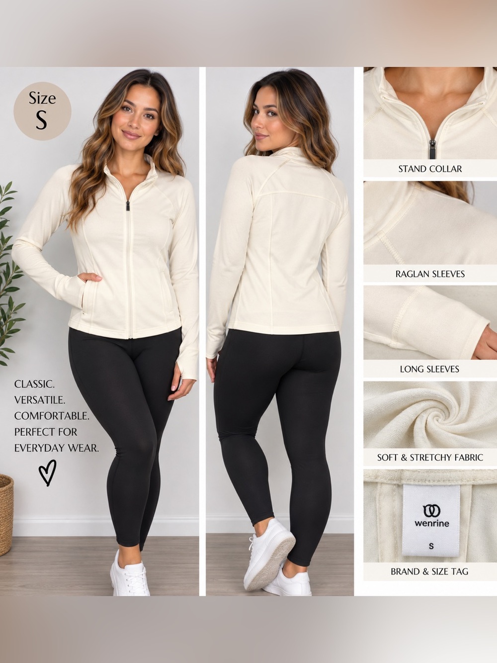 WeNrine Cream Full-Zip Active Jacket for Women
